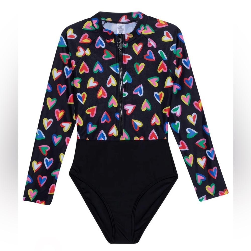 Gottex Kids ‘Hearts’ Long Sleeve Zip-Up Rash Guard One Piece